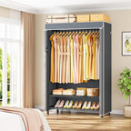 H5C Plus Clothes Rack with Cover, Portable Closet for Hanging Clothes, Covered Clothing Racks Heavy Duty, 3-Tiers Garment Rack with Shelves Max Load 370LBS Black Closet Rack with Gray Cover
