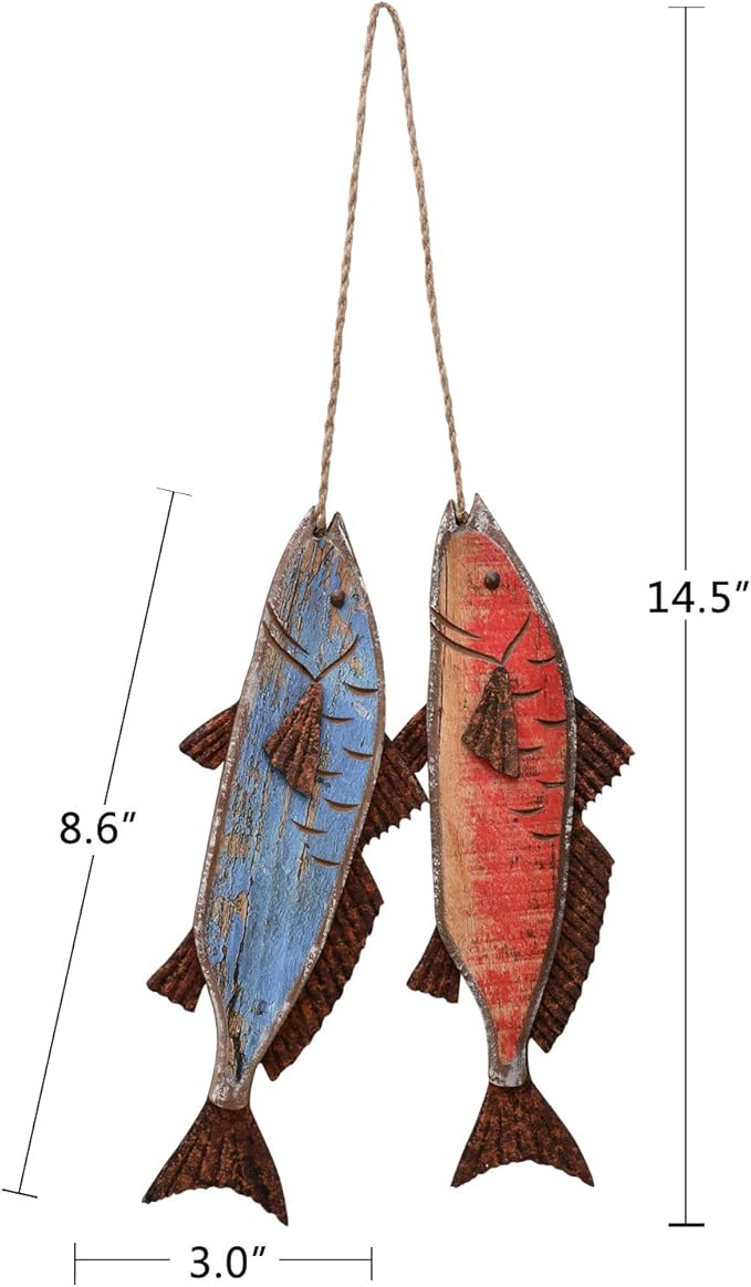 Antique Wood Fish Decor Decorative Wooden Hanging Fish Nautical Indoor Outdoor Decorations Wall Art Ornament (Set of 2)