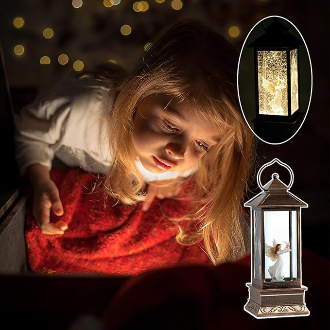 12" Christmas Snow Globe Lantern with Angel and Dove - Water Glittering LED Light Lantern with Music - Vintage Xmas Angel Gifts - USB Plug or Battery Operated Home Decor (Angel)