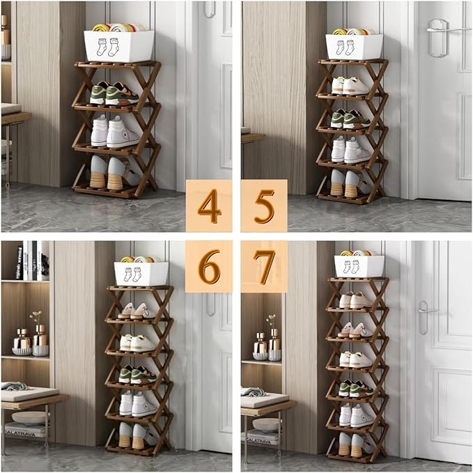 Foldable Shoe Rack, Bamboo Vertical Shoe Organizer Tall for Small Spaces. Multifunctional Narrow Shoe Shelf for Entryway, Closet, Corner, Bedroom, Hallway, Brown Color 6 Layers