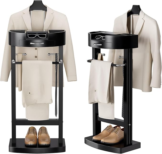 Valet Stand for Men and Women with Tray, Standing Suit Stand with Storage Drawer and Bottom Shoe Rack, Clothes Valet for Living Room, Entryway, Bedroom, Office, Black