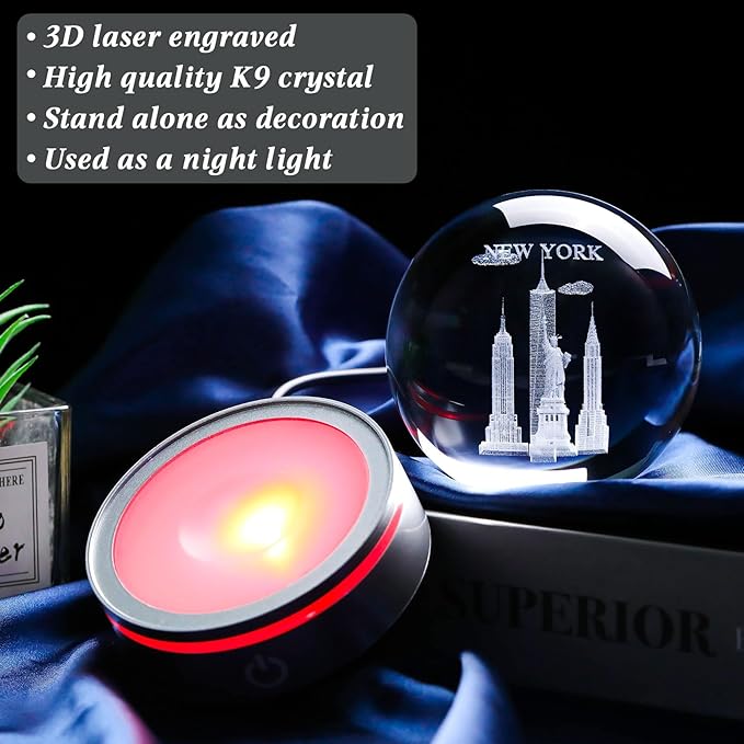 Movdyka 3D Crystal Ball Statue of Liberty New York Souvenirs Gifts for Women Men Snow Globe Night Light, Laser Engraved Empire State Building Figurine Home Room Decor Glass Art Crafts