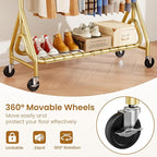 Heavy Duty Clothes Rack for Hanging Clothes, Double Rods Clothing Rack with Lockable Wheels, Rolling Garment Racks with Shelf, Easy to Assemble, Gold