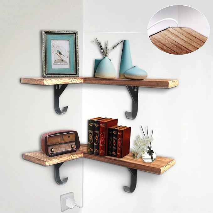 HAO Floating Corner Wall Shelves Rustic Wood Mounted Shelving L Shape Shelf with Cable Wire Hole Pattern for Bedroom Living Room Bathroom Carbonized Black 16 Inch Set of 2