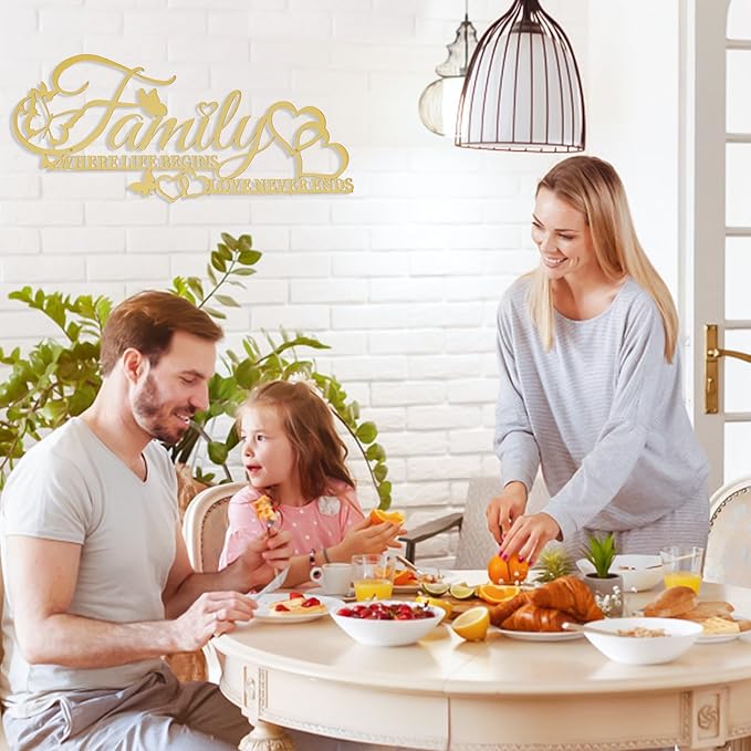 Family Metal Word Sign Wall Art Decor, Where Life Begins Love Never Ends Heart Butterflies Wall Hanging Sculpture, Golden Iron Letters Quotes Home Decor for Living Room Kitchen (Golden)