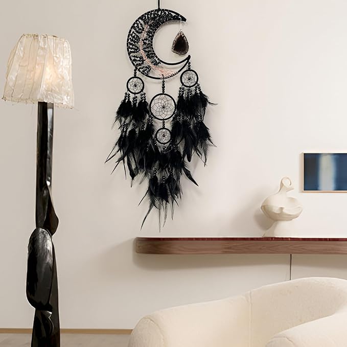 Large Dream Catcher,Moon Dream Catchers with Chakra Gemstone Agate Stone,Black Crystal Tree of Life Dream Catcher,Dream Catchers for Adults,Boho Bedroom Decor (Black Natural Gem Agate)