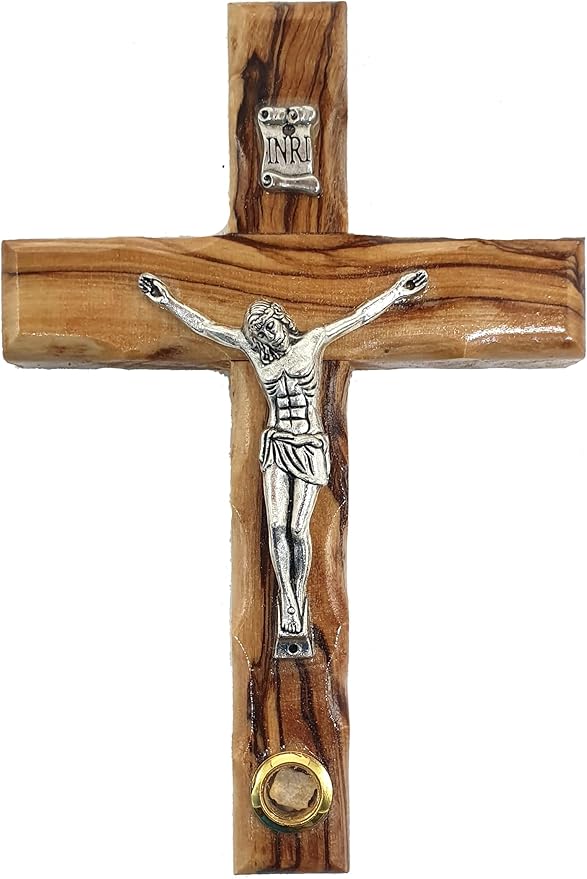Zuluf 4.7" Olive Wood Catholic Wall Cross with Crucifix and Holy Land Stone Christian Gift Handmade Israel CRS046