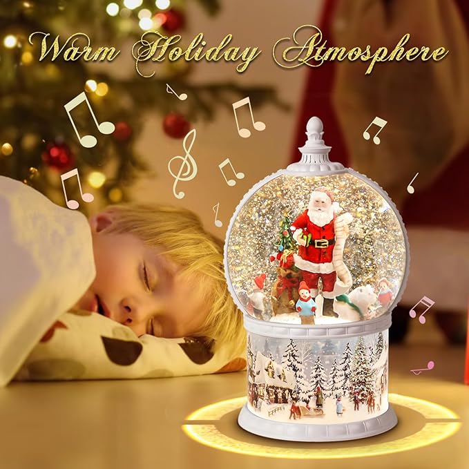 Christmas Snow Globes Musical,6H Timer Cylinder Glitter Snow Globe,White Snow Globes Christmas with Music Box Including 8 Songs, Battery Or USB Cable Powered