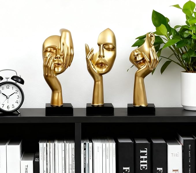 3 Pcs Thinker Statue,Modern Home Resin Sculptures,Collectible Figurines for Home Office Bookshelf Desktop Decor(Golden)