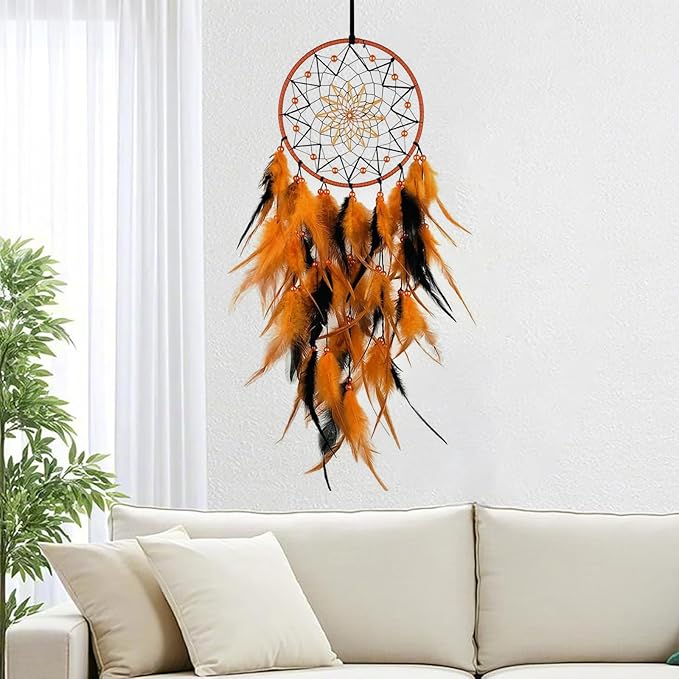 Black and Orange Dream Catcher Feather Dream Catchers Wall Decor Handmade Dreamcatcher Wall Hanging Ornament for Bedroom Living Room Home Decor