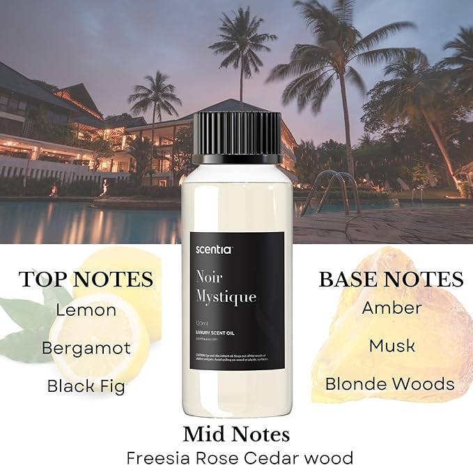 Scentia Noir Mystique – Hotel-Inspired Diffuser Oil, 120 ml (0.67 fl oz) | Essential Oil Blend of Rose, Bergamot, Lemon & Musk | Luxury Aroma for Aromatherapy Diffusers & Humidifiers