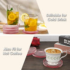 Modern Clear Coaster Set of 5- Glass Coasters for Drinks Crystal Coasters Round Cup Coaster Coffee Table Decor for Office, Kitchen, Bar, Dining Room, Living Room, Patio(Clear Pink)