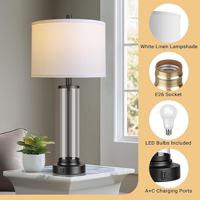 QiMH Touch Control Table Lamps Set of 2 with USB Ports, 3-Way Dimmable Bedside Lamp for Living Room Bedroom House, Modern Nightstand Lamp with 2 LED Bulbs(Black)