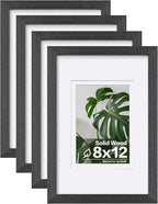 Egofine 8x12 Picture Frames Set of 4, Made of Solid Wood Covered by Plexiglass 5x7 and 6x8 with Mat or 8x12 without Mat, for Table Top Display and Wall Mounting Photo Frame Rustic Black