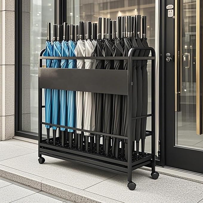 Metal Frame Commercial Umbrella Stand with Removable Drip Tray Large Capacity Heavy Duty Umbrella Holder with wheels for Entryway, Office(Black,40 * 20 * 70CM/15.8 * 7.9 * 27.6IN)