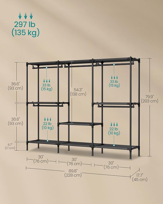 SONGMICS Clothes Rack, Portable Closet, Heavy-Duty Wardrobe Closet Organizer with Hanging Rails and Shelves, 79.9 Inches Tall, Total Load 297 lb, Easy Assembly, for Bedroom, Ink Black URDR212BZ01