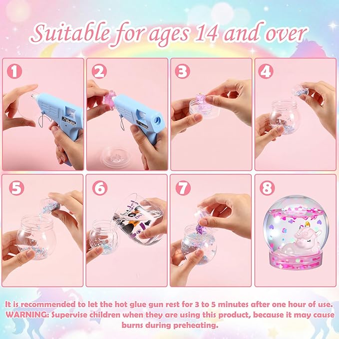 12 Sets Unicorn Clear Plastic Snow Globes Kit with Glow in the Dark Resin Unicorn, Sequins Flakes, Glue Guns for DIY Snow Globes Craft Gifts for Birthday Party Favor
