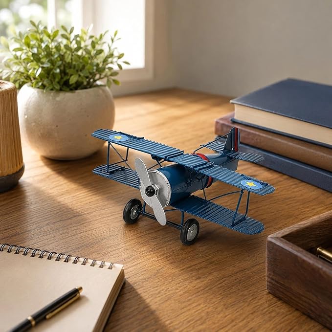 LOGOFUN Vintage Airplane Decor Metal Iron Aircraft Biplane Model Retro Hanging Plane Handicraft Ornament for Home Desktop Decoration - Blue 16.00X13.00X5.50cm