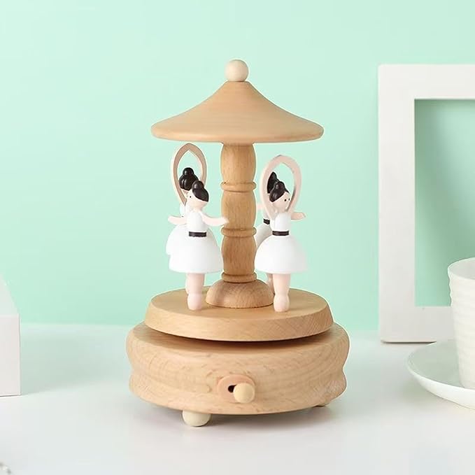 Natural Solid Wood Handcrafted Beech Wooden, Musical FigureTotoro/Carousel/Fairy/Ballerina Figurine,Rotating Hand Crank Mechanism Music Box,Musical Decorations (Ballet Dancers)