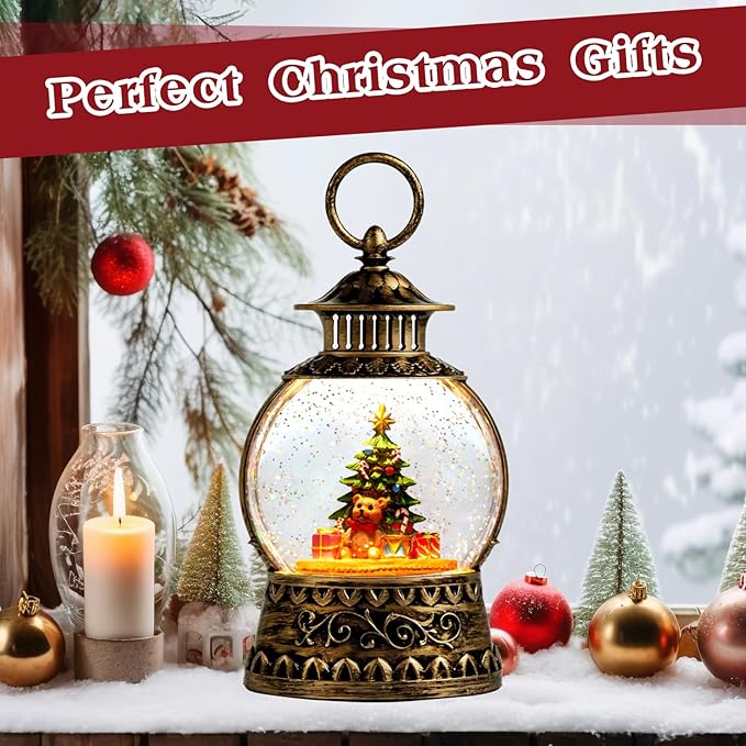 Christmas Snow Globe, Gift Bear Musical Snow Globe Lantern Lights with 6H Timer Battery & USB Powered, Retro Style Holiday Glitter Globe for Xmas Home Decoration Holiday Party Gifts