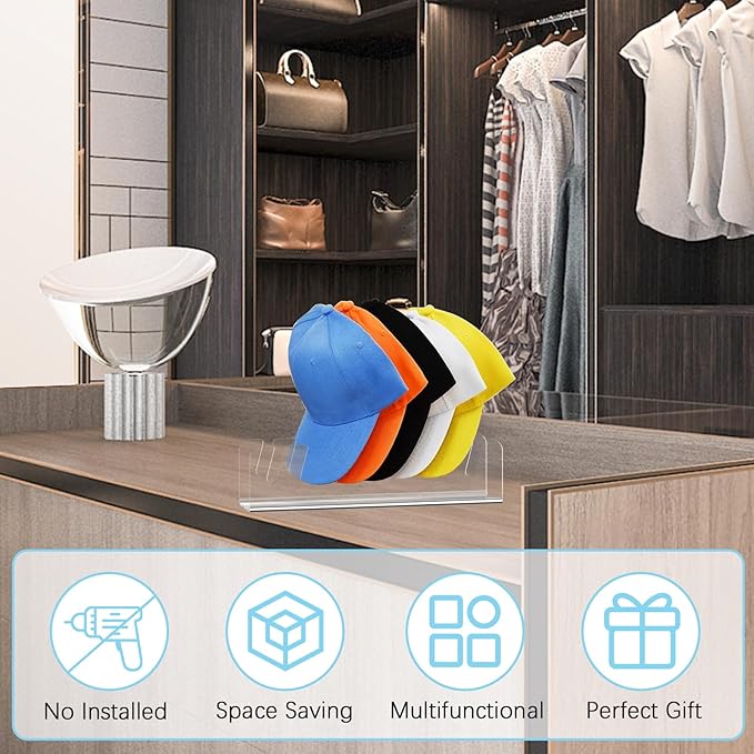 4 Pack Hat Storage Organizer for Baseball Caps - Acrylic Hat Display Rack for 28 Ball Caps, No Install Hats Stand Shelf for Trucker and Golf Cap, Hats Holder for Closet, Bedroom (Clear)