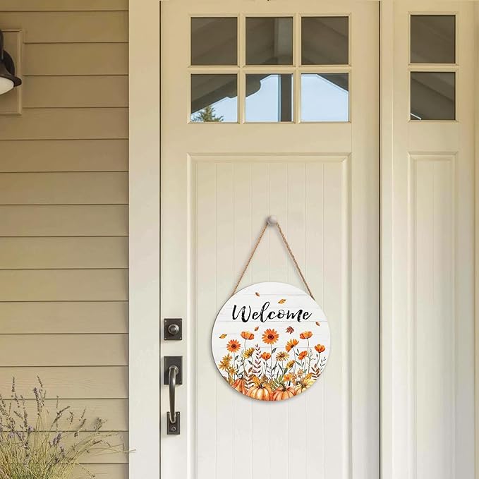 Fall Welcome Sign for Front Door Fall Floral Wooden Door Hanger 12x12 Inch Autumn Wreath for Outdoor Outside Porch Decor Farmhouse Flowers Welcome Hanging Sign for Home Wall Greeting Party