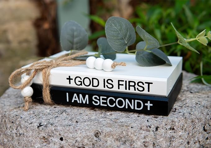 2 Pieces Wooden Decorative White Books, Rustic Farmhouse Faux Books for Coffee Table Shelves with Wood Bead Tassels and Leaves, 7'x 4.6'x 2.5' (God is First, I'm Second)