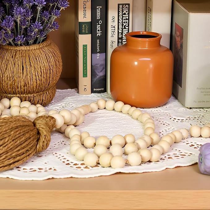 Farmhouse Beads, 59in Wood Bead Garland with Tassels, Bookshelf Decor for Tiered Tray, Decorative Tassel for Tier Tray, Rustic Beads Centerpiece Boho Table Decor, Beaded Accent White Washed