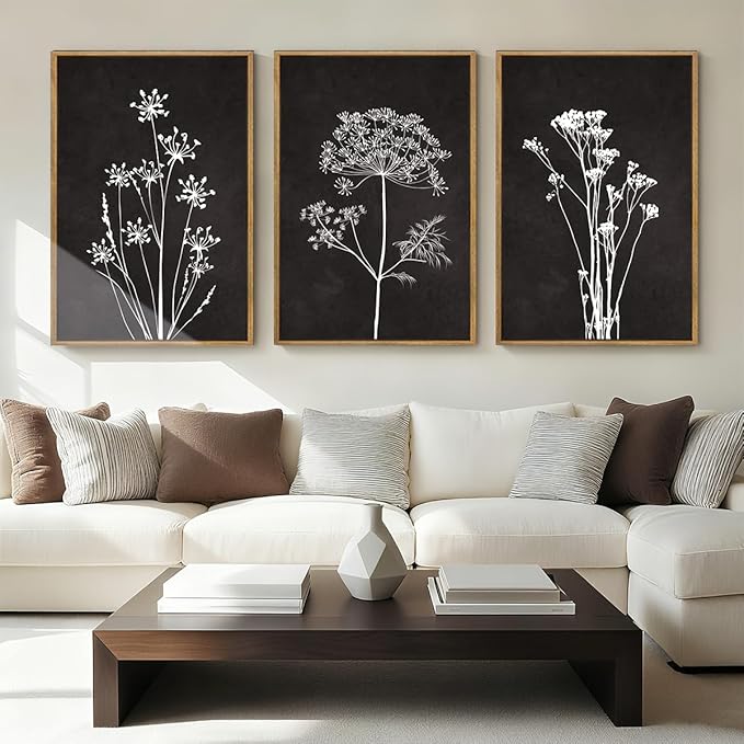 BINCUE Framed Botanical Wall Art Black Grey and White Plant Floral Art Prints Flowers Wall Decor Black Artwork White Floral Wall Pictures Botanical Paintings for Living Room Bedroom Office Farmhouse 3 Panel 16x24 Inches