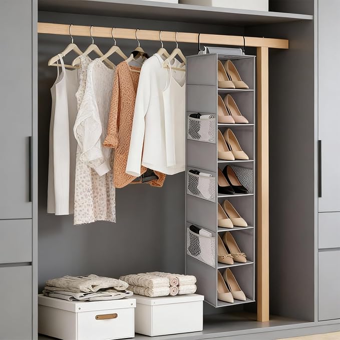 VERONLY Hanging Shoe Organizer for Closet,8-Shelf Hanging Storage with Side Mesh Pockets,Wider Shelves for Baseball Caps,Clothes (9" W × 11.8" D × 54" H) Grey