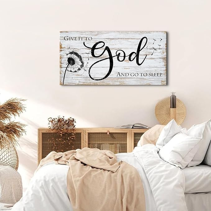 Give it to god and go to sleep Sign Wall Art Christian Bible Verses Wall Decor for Master Bedroom Dandelion Picture Canvas Rustic Religious Poster Painting Retro Quotes Artwork Home Decoration 24x48”
