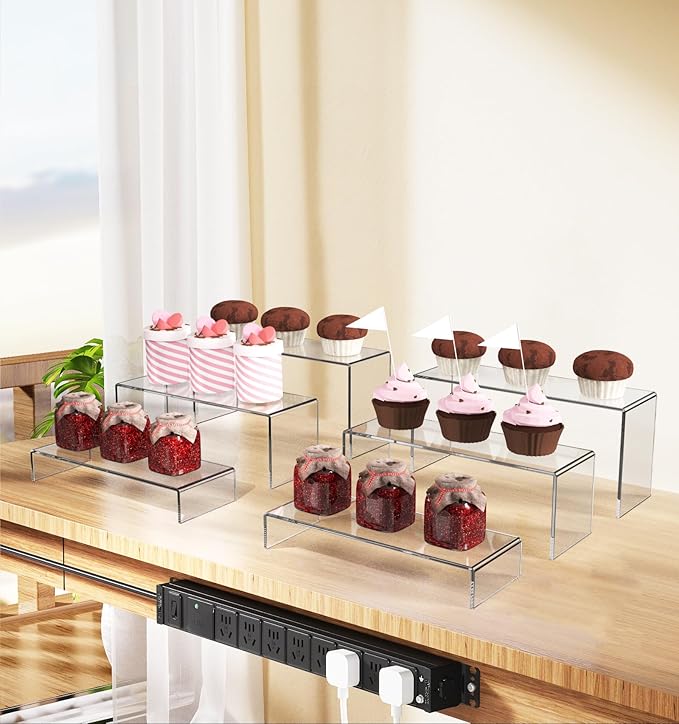 6 PCs Risers Display Stands 3 Tiers Desktop Acrylic Shelves Cake Dessert Holder Products Stand for Collectibles Shoes Jewels Pop Figure (Clear)