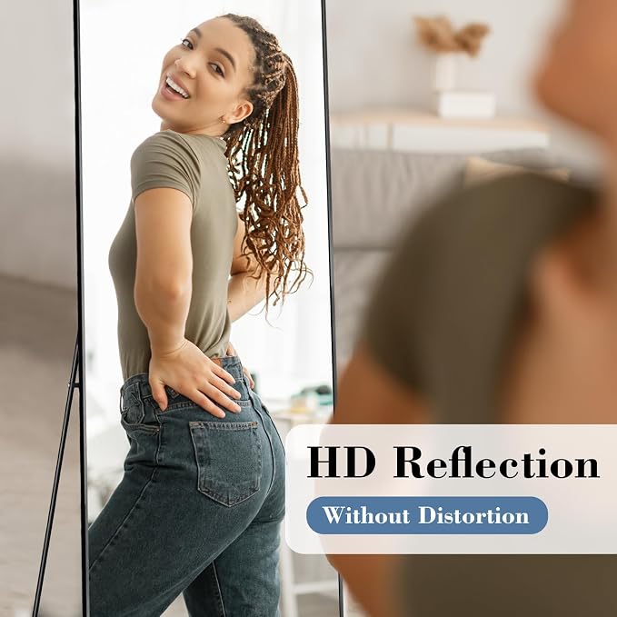 DUMOS 58"x19" Full Length Mirror, Full Body Mirror with Aluminum Alloy Thin Frame, Standing Mirrors with Leaning or Hanging, Suitable for Bedroom, Livingroom, Cloakroom, Black