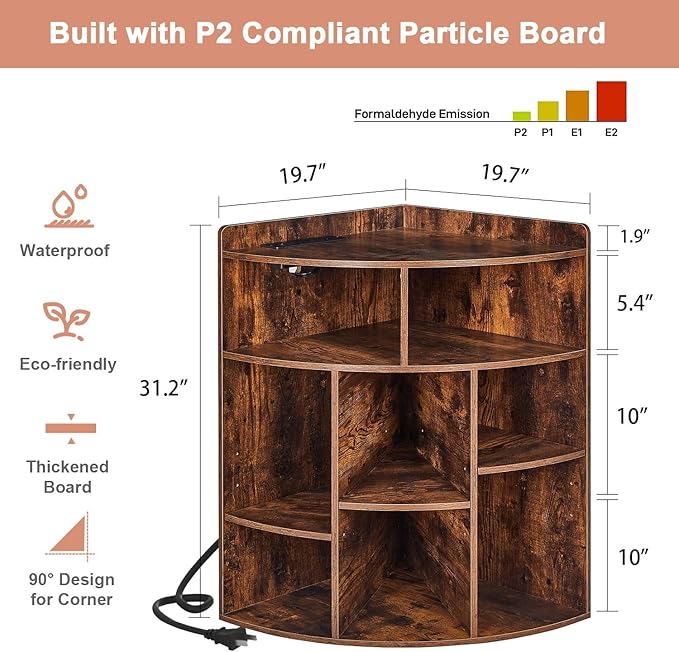 VECELO Corner Cube Shelf with USB Ports & Outlets, Modern Corner Toy Storage Rack with Adjustable Shlef, Wooden Display Bookshelf Bookcase for Living Room, Bedroom, Dining Room, Kitchen, Brown