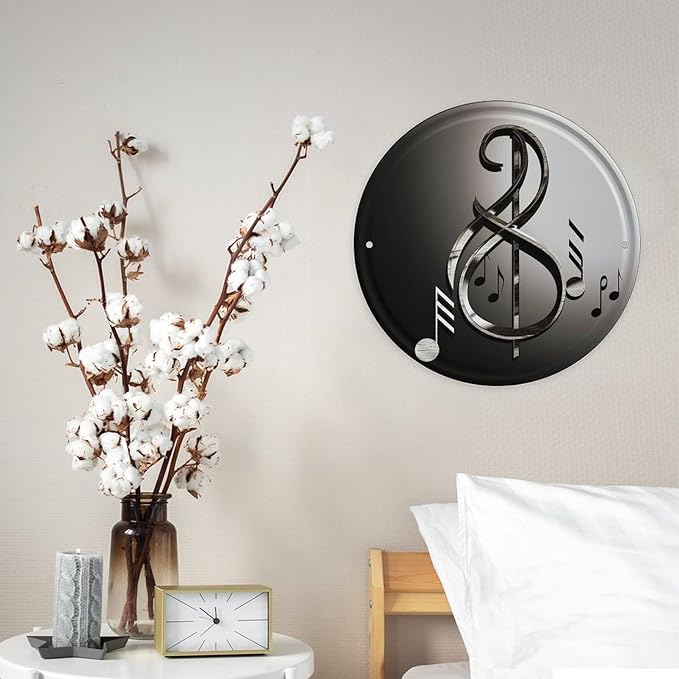 Wall Picture, with Music Symbol Printed Circular Iron Hanging Picture,Wall Art Decor,Home for Bedroom Living Room Bathroom Decor,Iron Painting 11.8X11.8 in