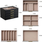 pickpiff Jewelry Box Organizer Case for Women: 4-Layer Jewelry Storage Case with Glass Window, Black Leather with Blush Velvet, Holder for Ring Necklace Bracelet Brooch Watch, Great Gift for Her