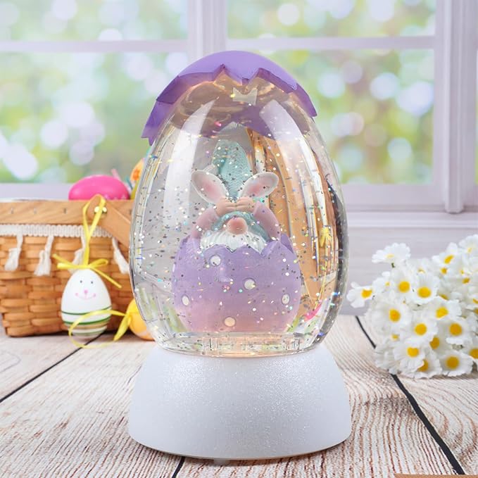 Gnome Easter Snow Globe, Easter Bunny Snow Globe Eggs Spring Decor with Swirling Glitter, 6H Timer, USB or Battery Powered, See No Evil Gnome Snowglobe for Tabletop Decor Gift 7.4 Inch (Purple)