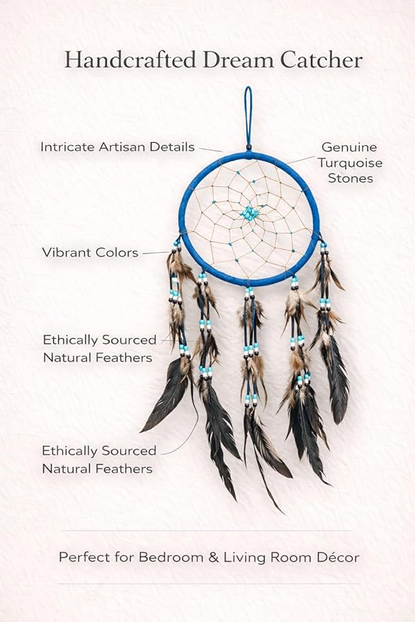 OMA Large Blue Dream Catcher with Turquoise Stones and Feathers, Traditional Dreamcatcher for Bedroom, Living Room, Dorms & Gift - Size – 28” x 9”