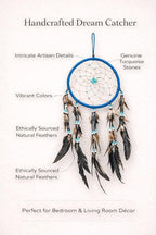 OMA Large Blue Dream Catcher with Turquoise Stones and Feathers, Traditional Dreamcatcher for Bedroom, Living Room, Dorms & Gift - Size – 28” x 9”