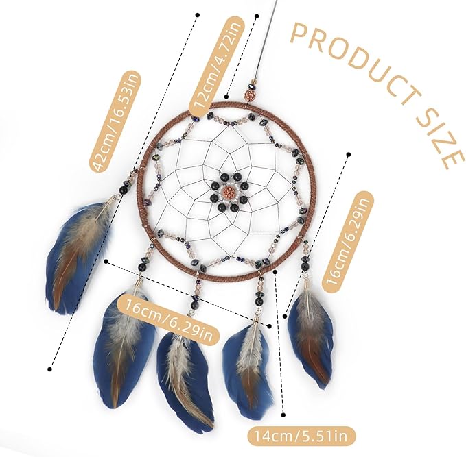 Blue Dream Catcher, Handmade Rattan Large Dreamcatcher Ornaments with Feathers and ABS Beads, Hanging Wall Decoration for Bedroom, Living Room to Have a Good Mood and Sleep (Blue)