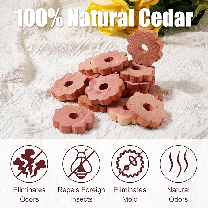 24pcs Cedar Chips for Clothes Storage, 1.77x0.31in Cedar Rings Wood Cedar Blocks Redolent Cedar Rings for Houses Drawers Closets Shoebox Clothes Storage