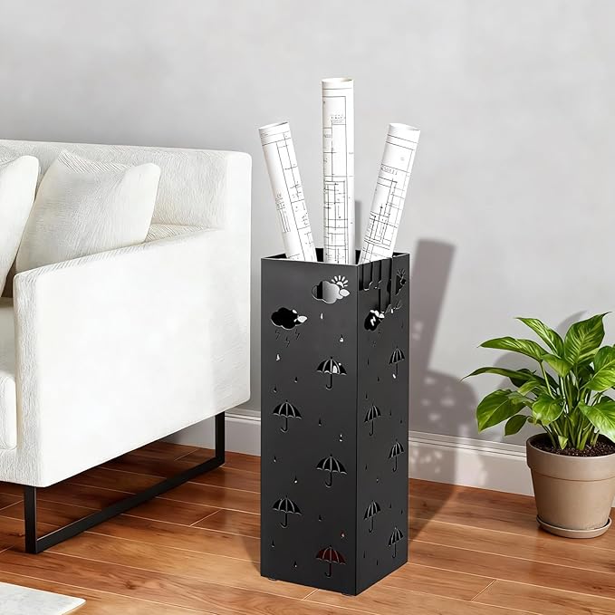 PrecisionAuto Versatile Metal Umbrella Stand for Entryway – Multi-Purpose Storage Rack – Cold-Rolled Steel, Removable Drip Tray & 4 Hooks – Stores Canes, Walking Sticks, Baseball Bats