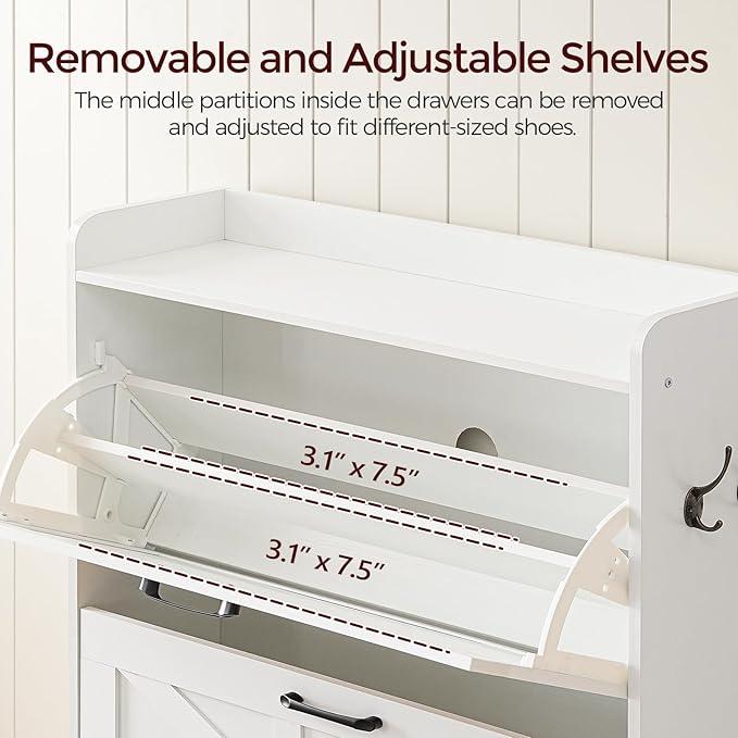 Shoe Storage Cabinet, Shoe Organizer with 2 Flip Drawers, Hidden Shoe Storage for Entryway, Freestanding Organizer with Open Storages, White SHWT9401