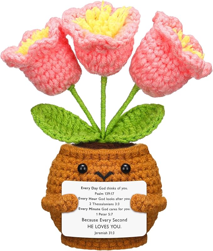 Wavwavw Christian Gift for Women Positive Handmade Crochet Doll with Bible Verse Prayer Card Inspirational Scripture Religious Crochet for Christmas Sunday Group Church(Pink Lily Valley)