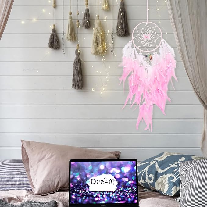 Dreamlike Butterfly Tree of Life Dream Catcher Wall Decor Pink Dream Catcher with Crystal Stone Handmade Feather Dreamcatchers Home Decor Wall Hanging for Girls Bedroom Wedding Craft Gift-29.5"
