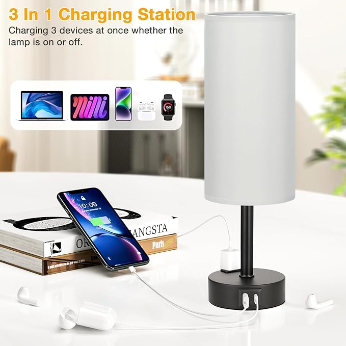 PartageiZ Grey Touch Table Lamps Set of 2-3 Way Dimmable Bedroom Lamps for Bedside with USB C and A Ports, Small Nightstand Lamps with AC Outlet, Desk Lamps with Black Base for Office Boys