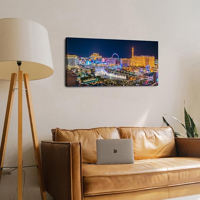 Las Vegas Skyline Wall Art American Cityscape Wall Decor City Night View Canvas Prints Picture Bellagio Fountain Skyscraper Painting Modern Artwork for Bedroom Living Room Home Decoration 20x40”
