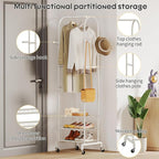 Garment Rack with Wheels,Small Metal Coat Rack With 4 Hooks,Freestanding Heavy Duty Clothing Rack with Shoe Shelves,Hanging Rod for Small Space,Bedroom,Entryway, Office, Living Room (White)