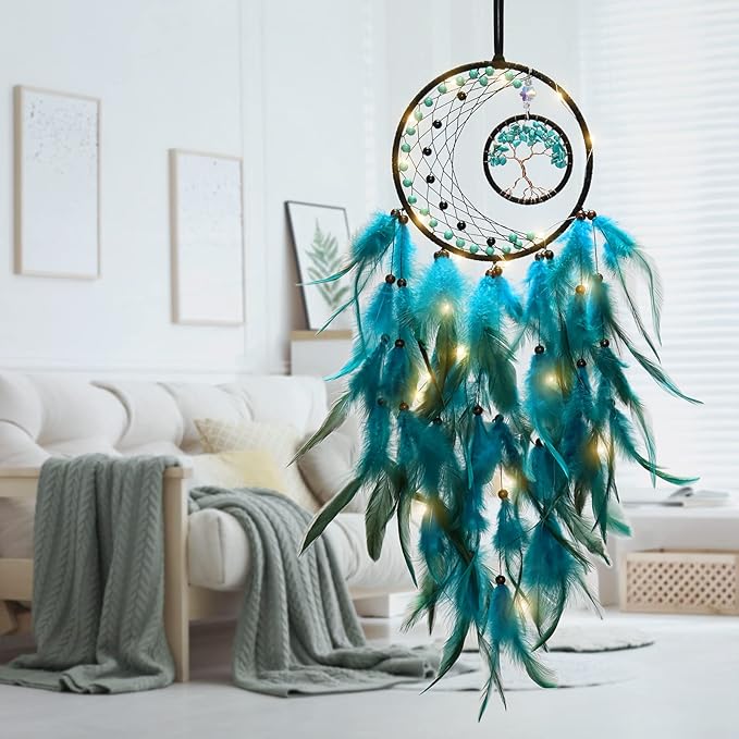 KHOYIME LED Dream Catcher Light Up Tree of Life Dreamcatcher with Healing Crystal Stone Handmade Feather Wall Hanging for Bedroom Bohemian Home Decor Wedding Ornament Craft Gift (Blue&Green)