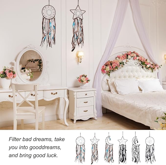 PATIKIL 28" Moon Sun Star Dream Catchers Set, Feather Handmade Dream Catchers Wall Hangings Art Decor for Home Wedding Bedroom Living Room Ornament,Blue Brown